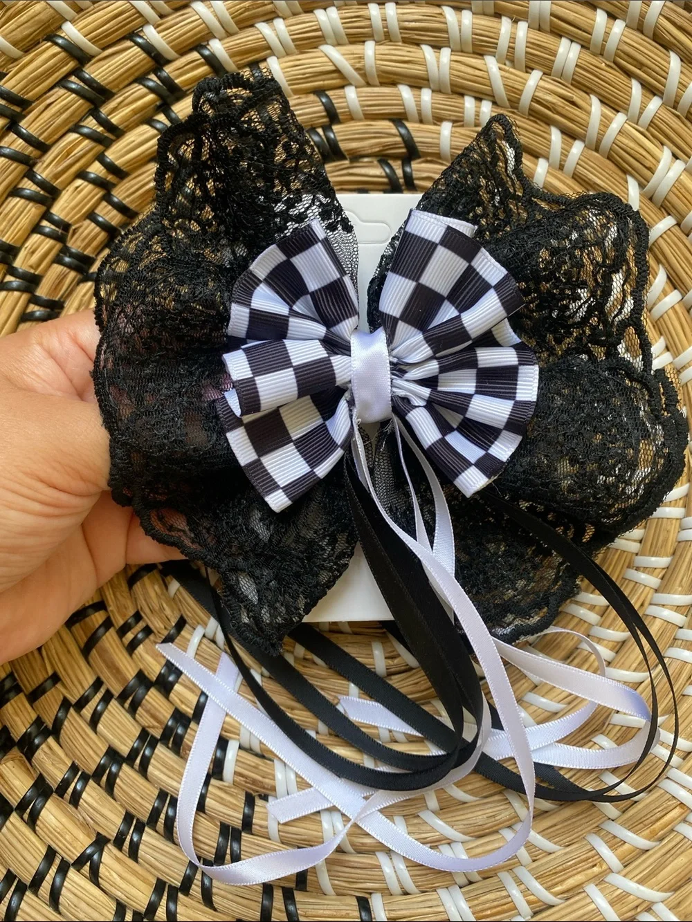 Black Lace Hair Bow with Checkerboard Ribbon